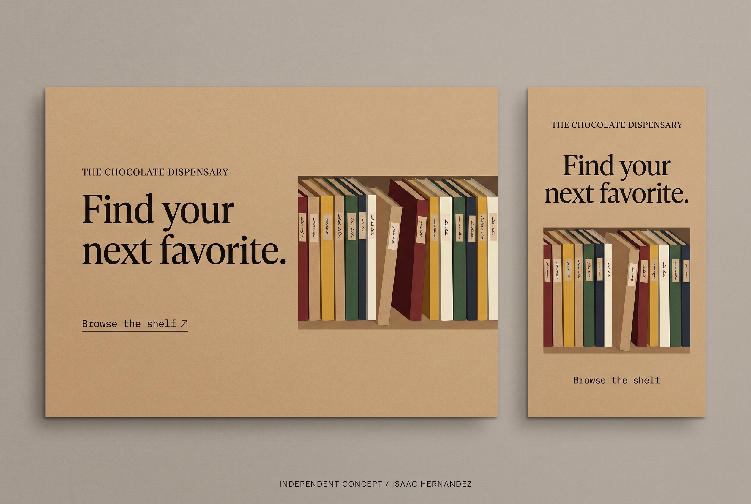 The Chocolate Dispensary: Find your next favorite. Hero and social-story concept layouts.