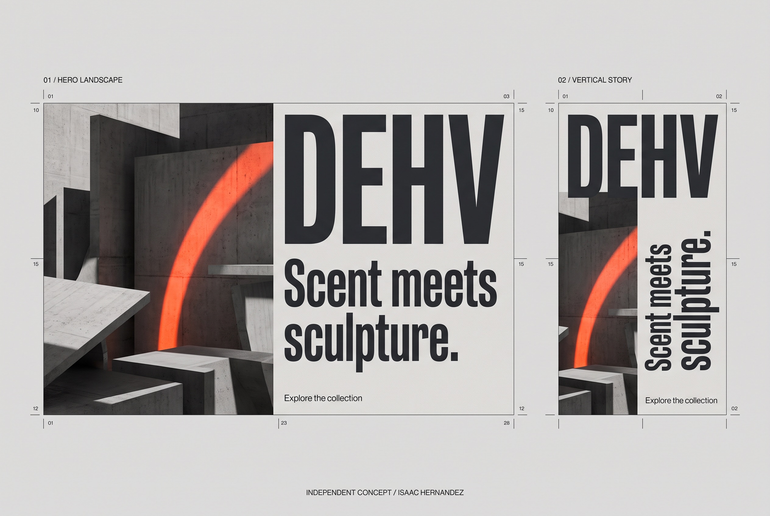 DEHV: Scent meets sculpture. Hero and social-story concept layouts.