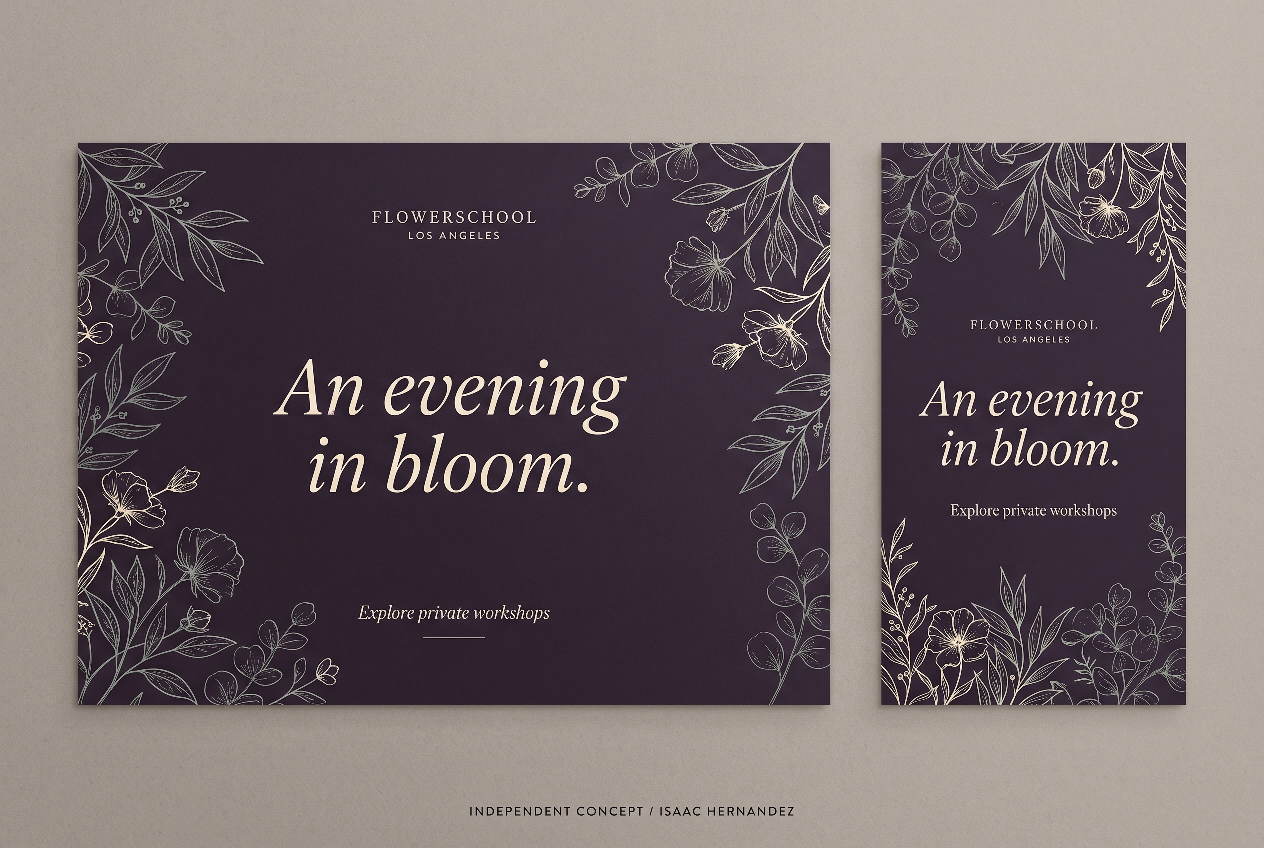 FlowerSchool Los Angeles: An evening in bloom. Hero and social-story concept layouts.