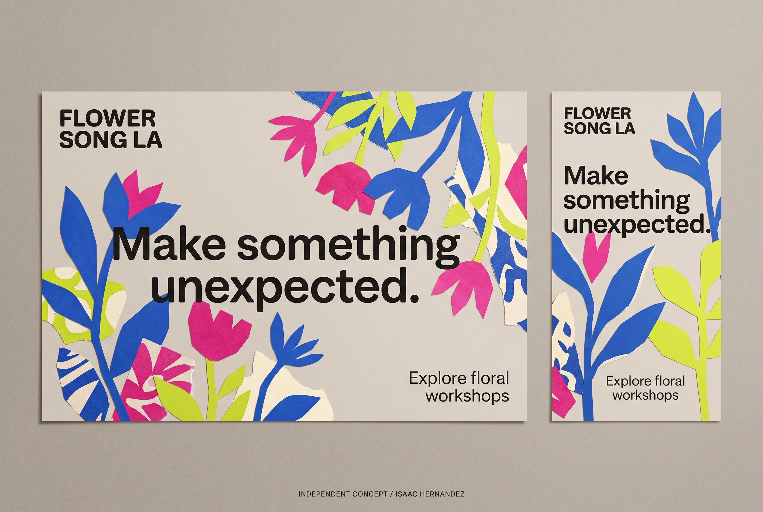 Flower Song LA: Make something unexpected. Hero and social-story concept layouts.