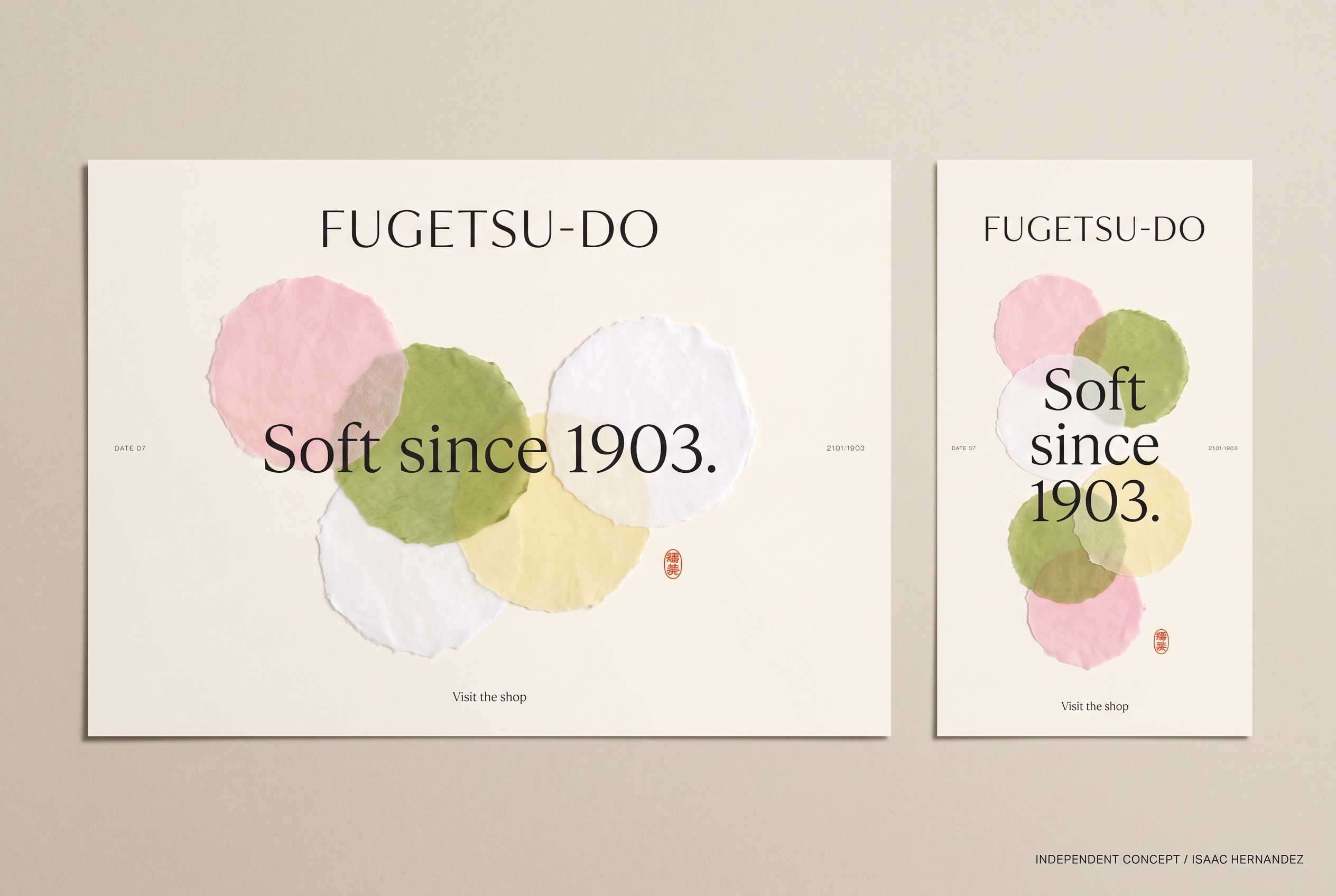 Fugetsu-Do: Soft since 1903. Hero and social-story concept layouts.