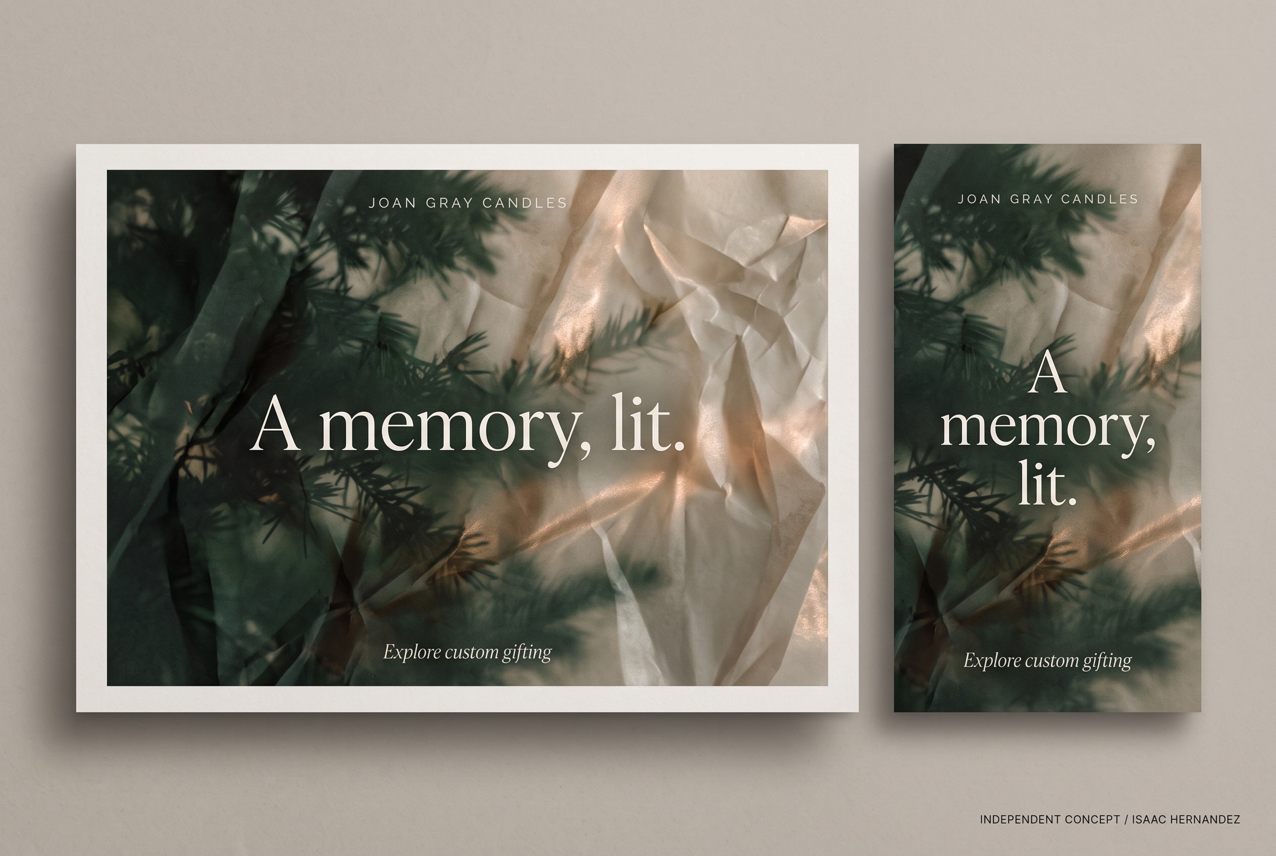 Joan Gray Candles: A memory, lit. Hero and social-story concept layouts.