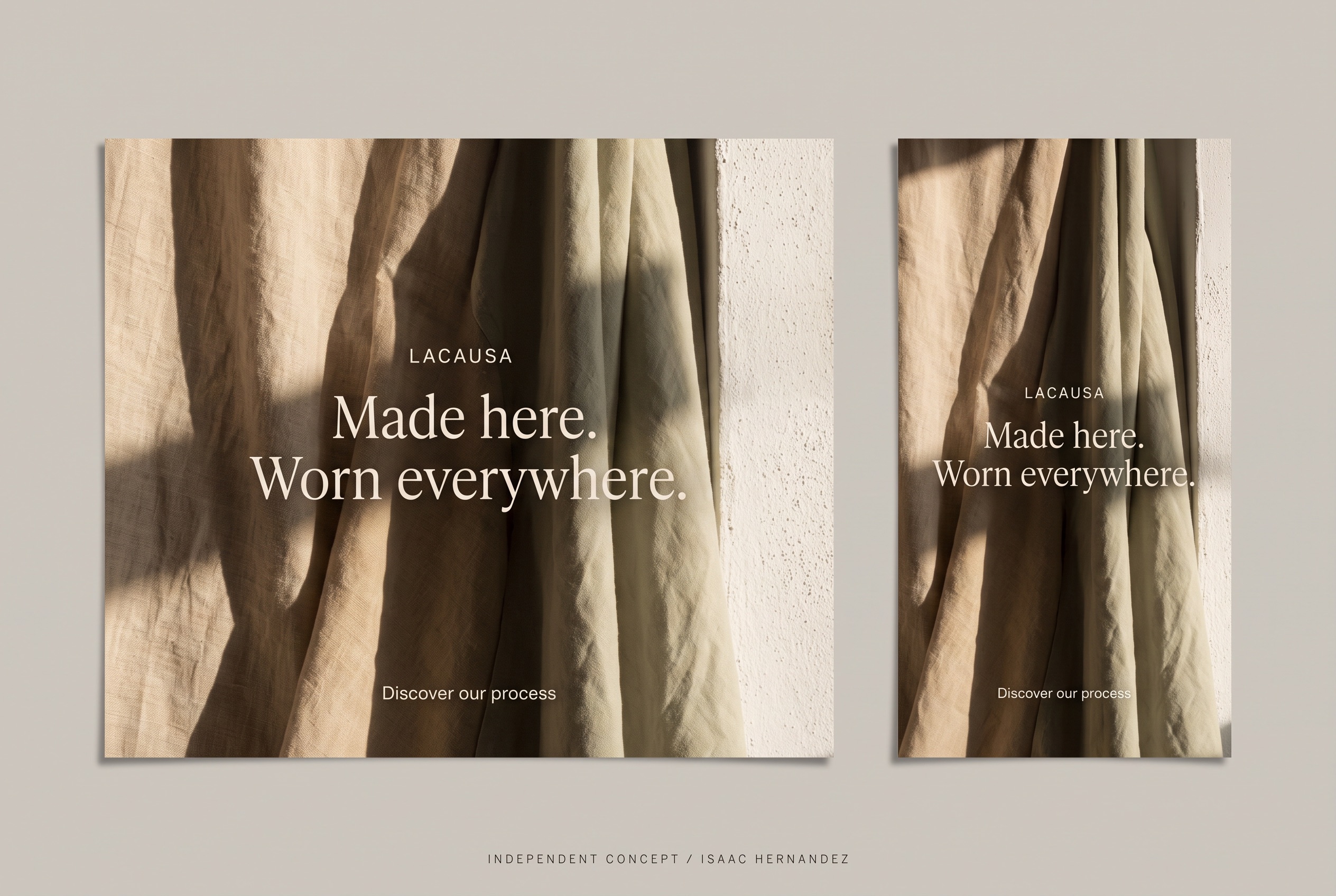LACAUSA: Made here. Worn everywhere. Hero and social-story concept layouts.