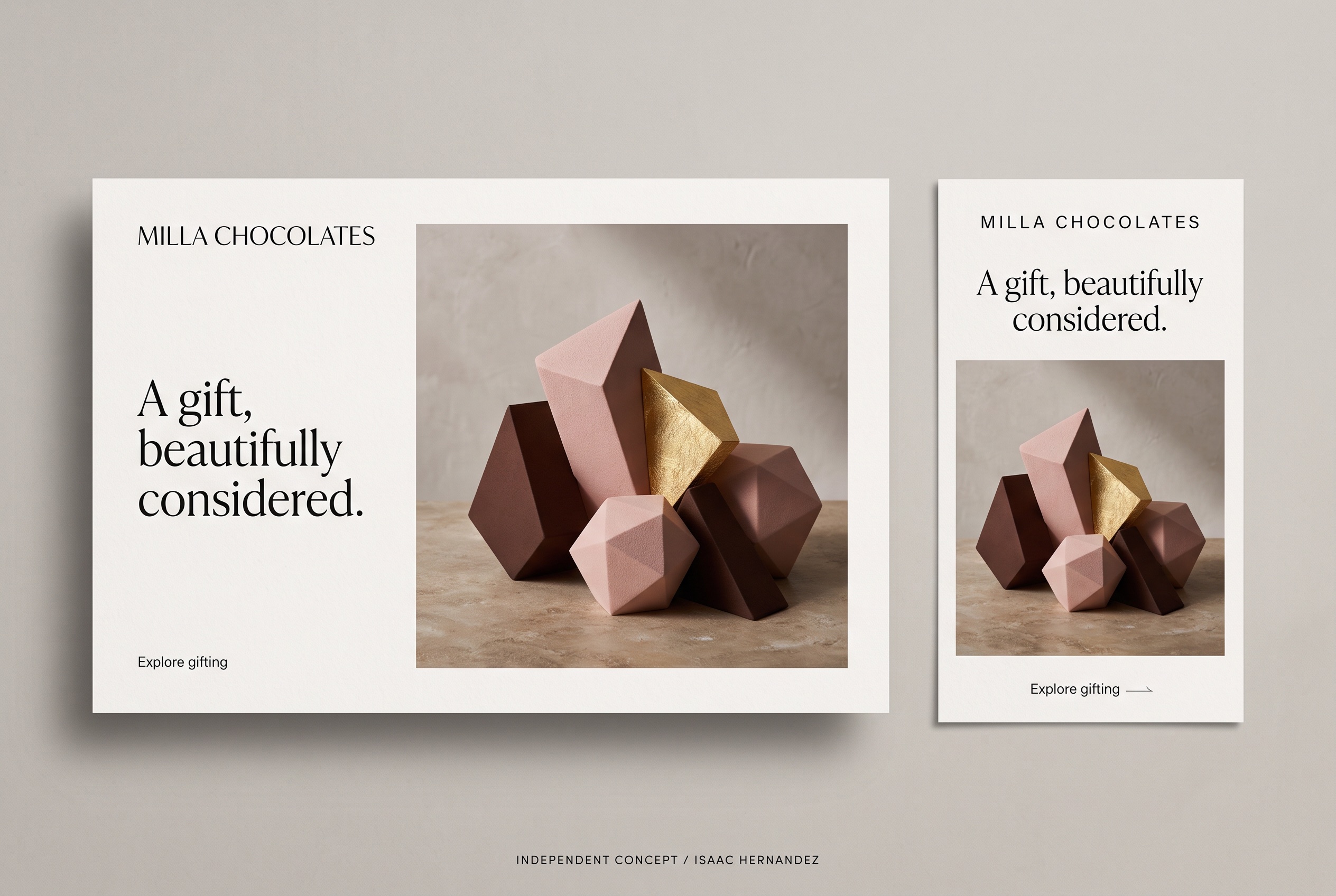 Milla Chocolates: A gift, beautifully considered. Hero and social-story concept layouts.