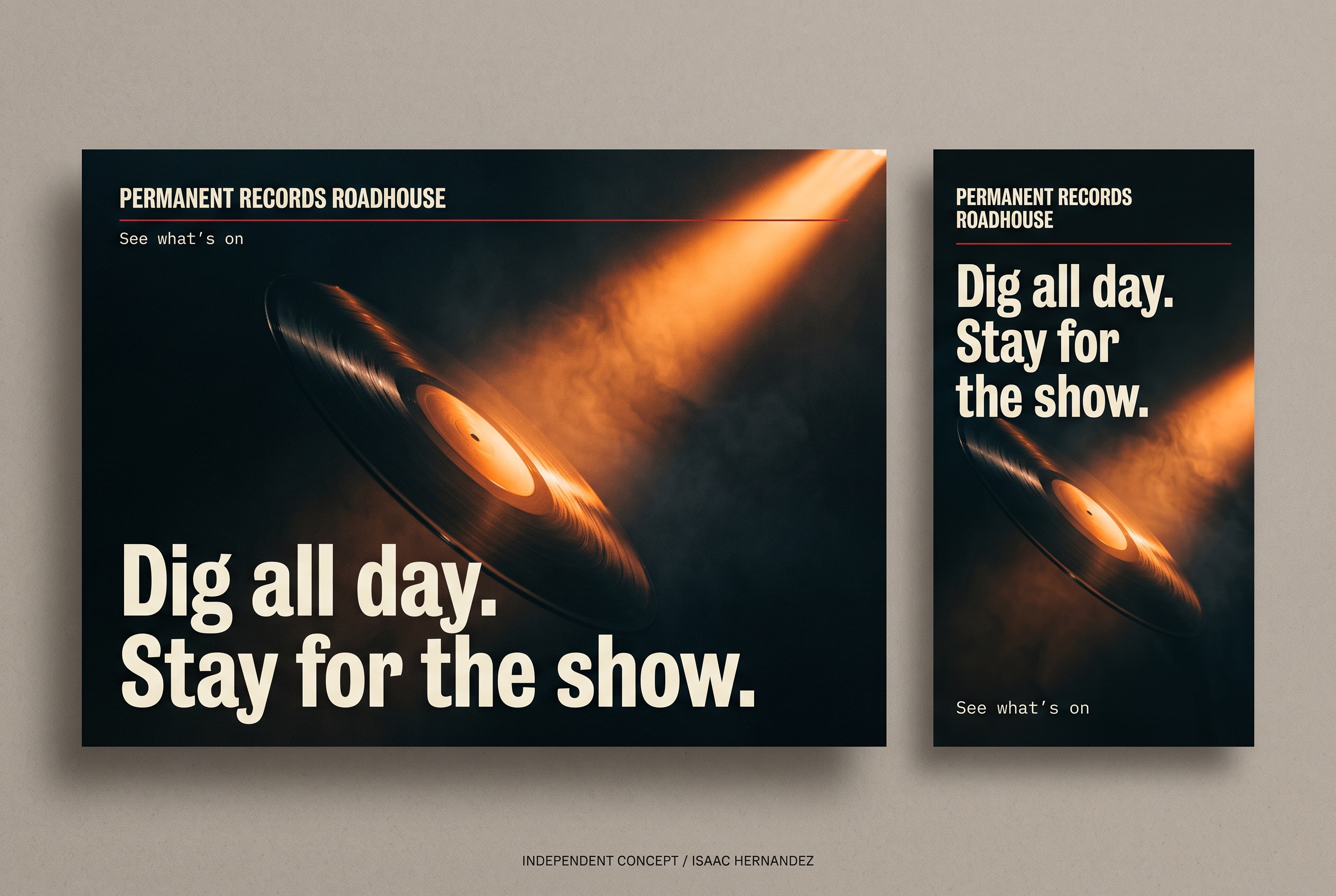Permanent Records Roadhouse independent campaign concept, hero and social layouts