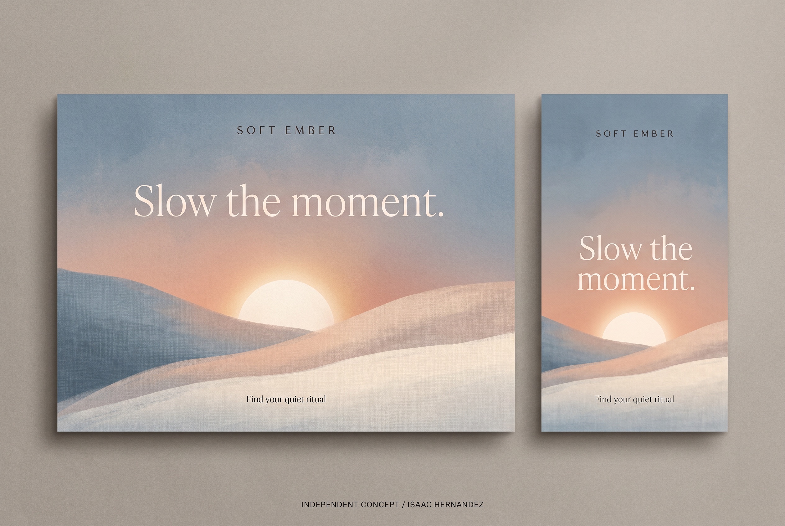 Soft Ember: Slow the moment. Hero and social-story concept layouts.