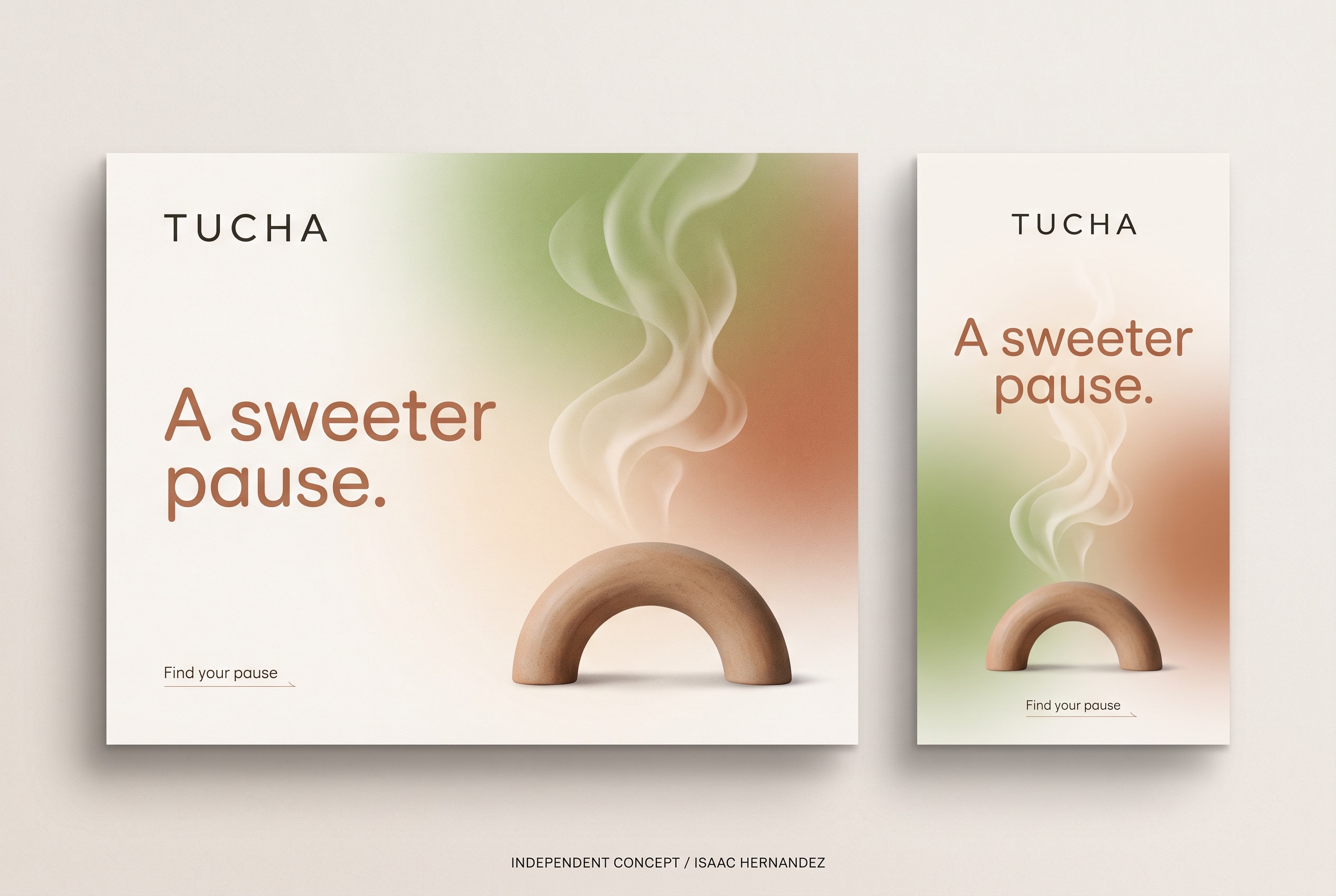 TuCha: A sweeter pause. Hero and social-story concept layouts.