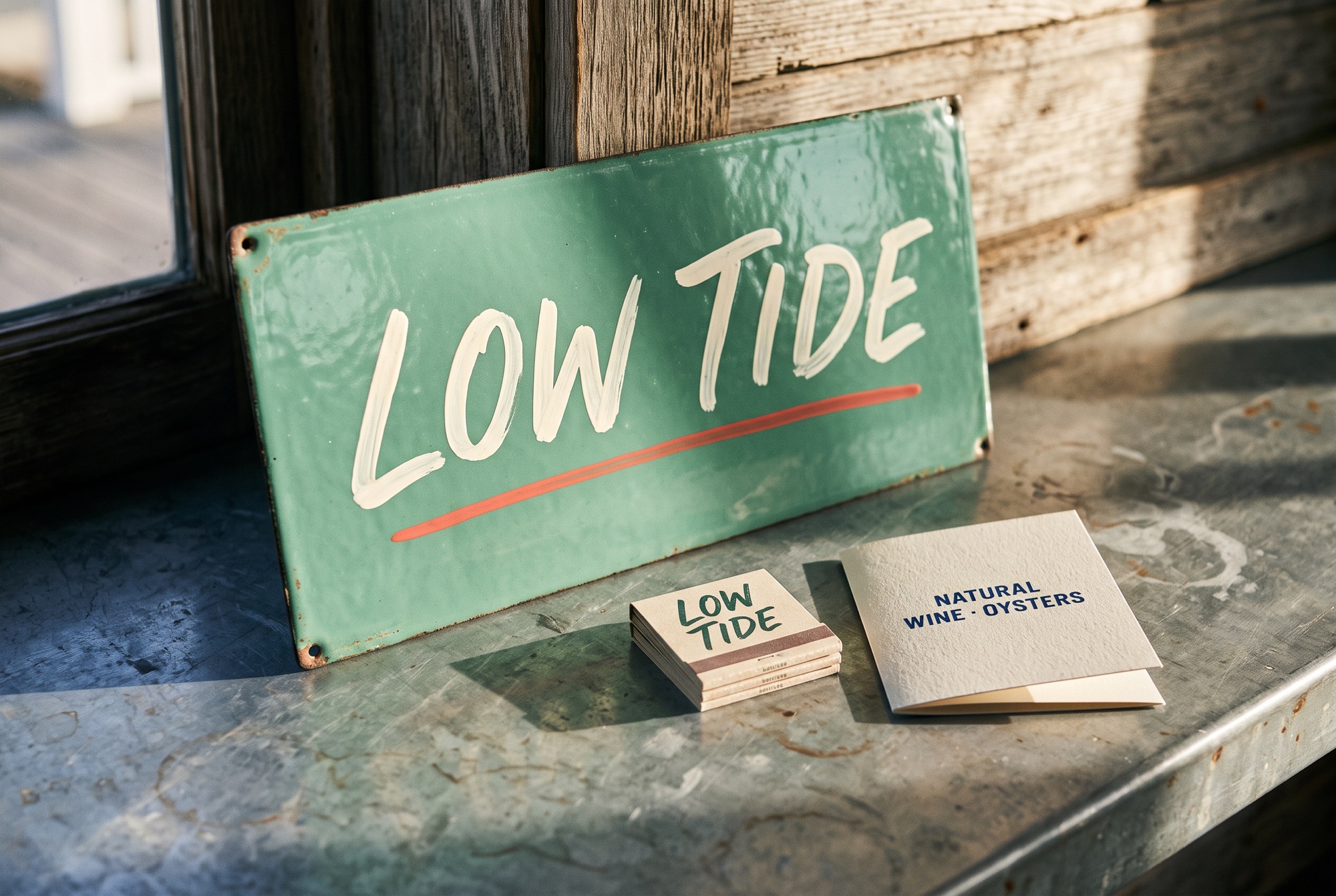 A hand-painted sea-glass green enamel sign reading LOW TIDE beside matchbooks and a wine-list card on a zinc bar.