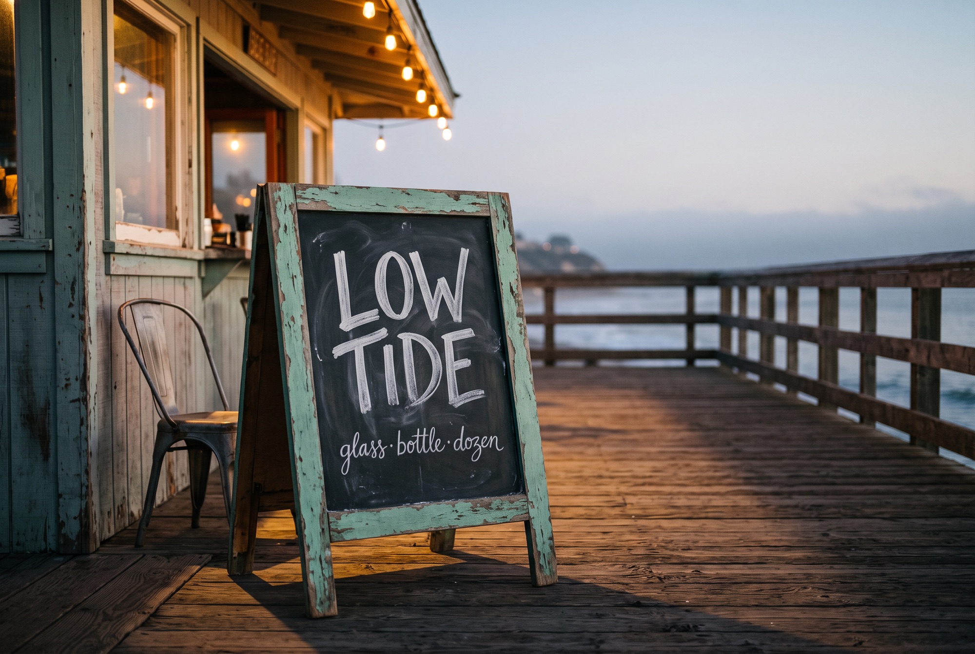 A chalkboard A-frame outside a small bar on a weathered boardwalk at dusk, hand-lettered LOW TIDE, with string lights glowing above.