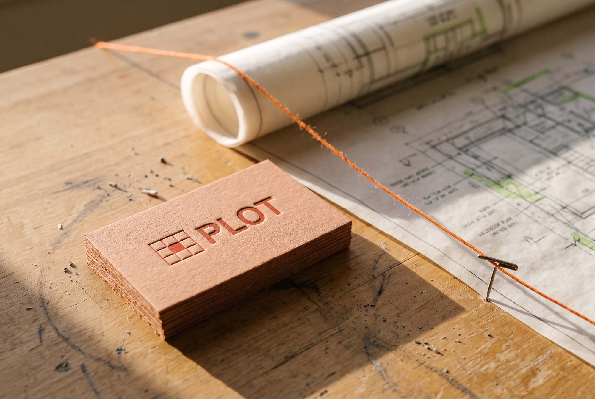 Letterpress PLOT business cards beside a rolled site plan and an orange surveyor's string on a drafting table.