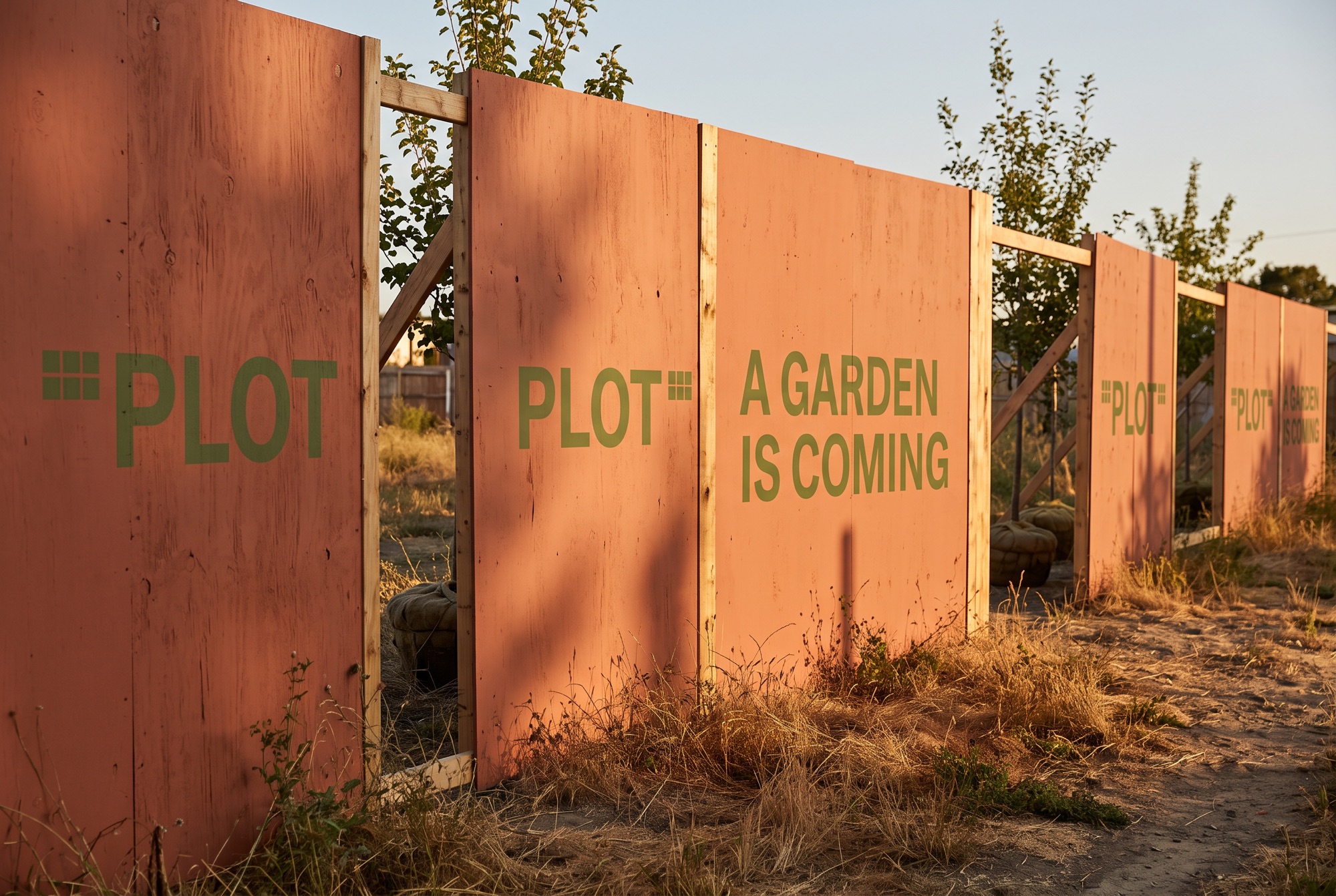 Terracotta construction hoarding along a vacant lot at golden hour, repeating the PLOT wordmark and grid mark, one panel reading A GARDEN IS COMING.