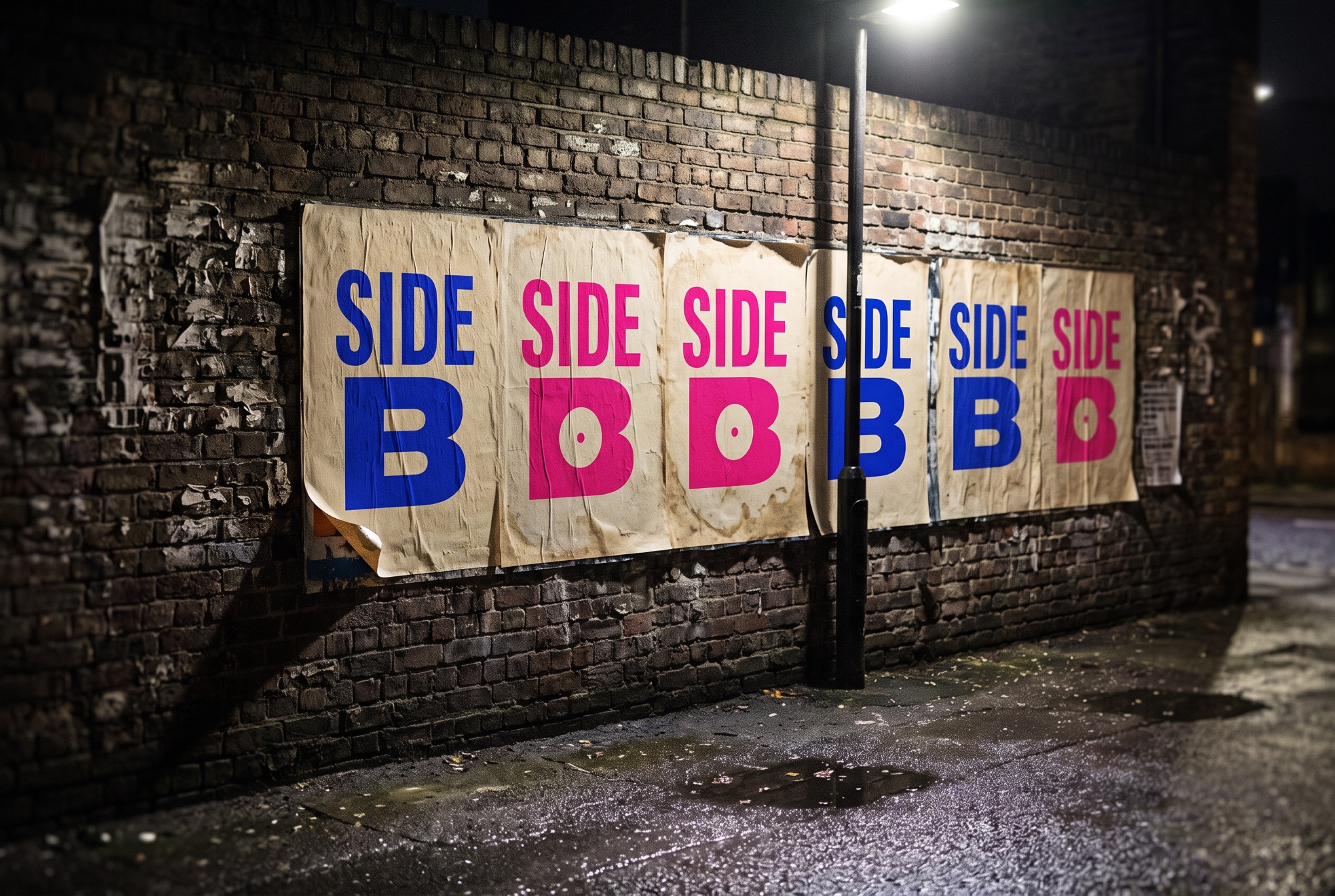 Wheat-pasted SIDE B posters overlapping on a brick wall at night under a streetlight, one corner lifting, wet pavement below.
