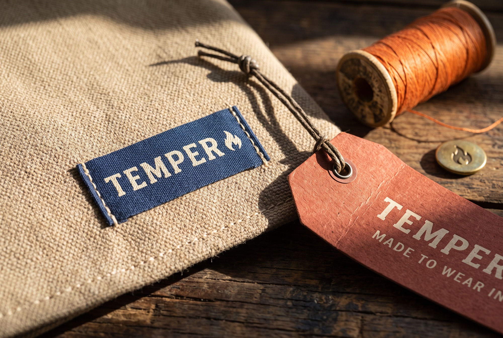An indigo woven TEMPER label stitched on sand canvas beside a rust kraft hangtag, orange thread and a brass button.