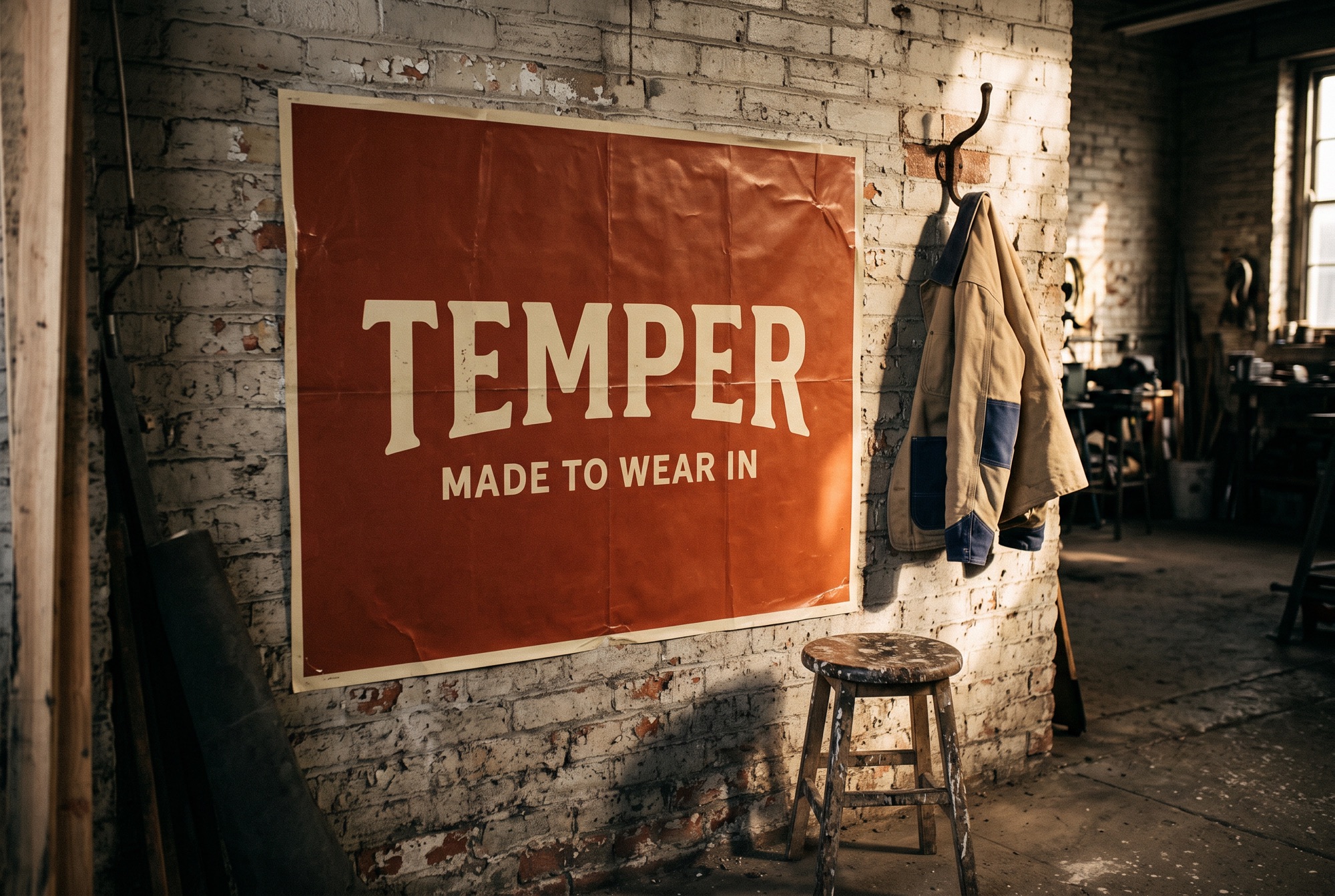 A rust-red poster reading TEMPER / MADE TO WEAR IN pasted on a painted brick workshop wall, a canvas work jacket hanging beside it in raking afternoon light.